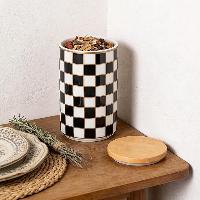 Kitchen Countertop Ceramic Checkered Canisters,Black And White Food Storage Containers With Lid,Airtight Kitchen Canisters for Flour, Sugar, Coffee, Tea, and Dry Goods (Black, Large)