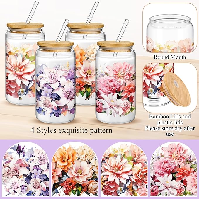 Mumufy 4 Pack Gift for Women Bloom Floral Elegant Glass Cup Tumbler Blooming Garden 16 oz Iced Coffee Glass with Bamboo Lid & Straw, Mothers Day Birthday Gift for Mom Sister Bridesmaid Baby Shower