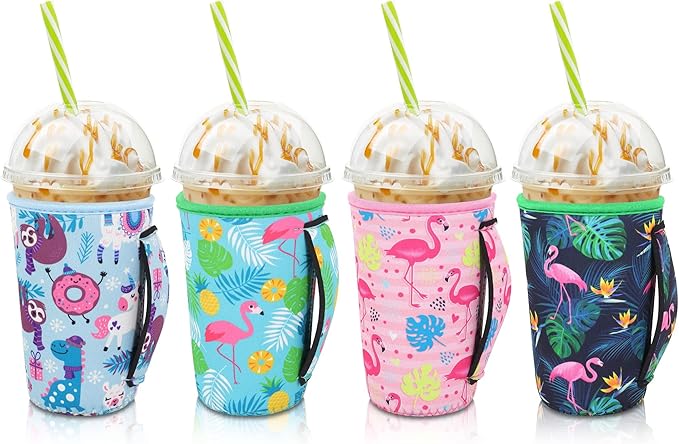 4Pack Reusable Iced Coffee Sleeve Insulator Sleeves for Cold Drinks Beverages, Neoprene Cup Holder for Most Coffee, Fits 22-24oz Medium Cups (Flamingo with handle)