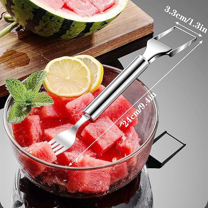 2-in-1 Stainless Steel Fruit Cutter, Watermelon Fork Slicer Cutter, Dual Head Watermelon Cuber Cutting Tool Knife Summer Fruit Cutting Fork for Home Party Camping Kitchen Gadget