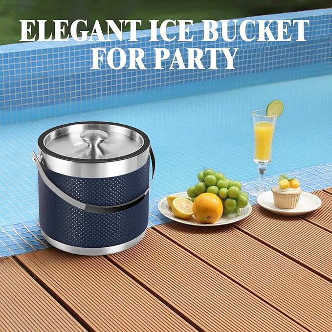3Quart/3.2L Insulated Stainless Steel Ice Bucket with Lid, Scoop, Leather Design Double Wall Wine Bucket for Cocktail Bar, Parties (Dark Blue)