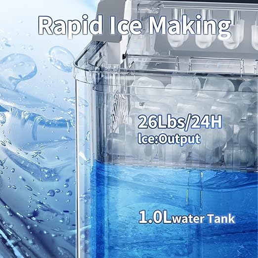 Ice Maker Countertop, Portable Ice Maker Machine, 26.5Lbs/24H, 9Pcs/6Mins, 2 Sizes of Bullet Ice, Self-Cleaning, Basket and Scoop, Ideal for Home/Office/Outdoor Use, Black