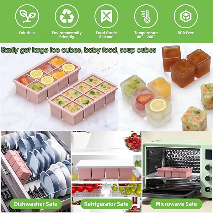 Large Ice Cube Molds, 2 Pack Easy Release Ice Trays for Freezer with Lid, Stackable Square Big Silicone Ice Cube Tray BPA Free Slow Melting for Bourbon Whiskey, Cocktails, Iced Coffee (Pink)