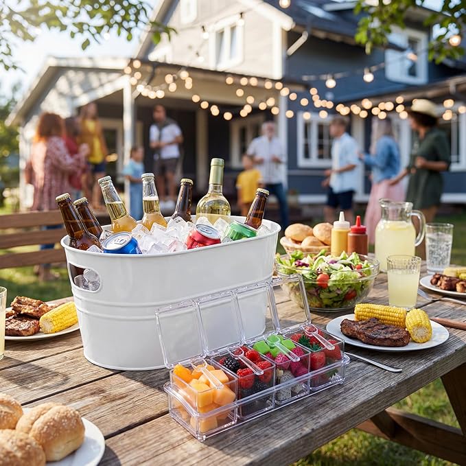 2 Pcs 4 Gallon Galvanized Metal Ice Buckets Large Metal Drink Bucket 2 Pcs Condiment Caddy Clear 4 Compartment with Lid and Spoon for Summer Birthday Party Dinner Wedding Mimosa Bar(White)