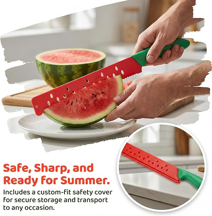 TOYANDONA 17 Inch Watermelon Cutter Serrated Fruit Knife with Protective Sleeve Large Stainless Steel Melon Knife for Watermelon Slicing and Summer Bbq Kitchen Tool
