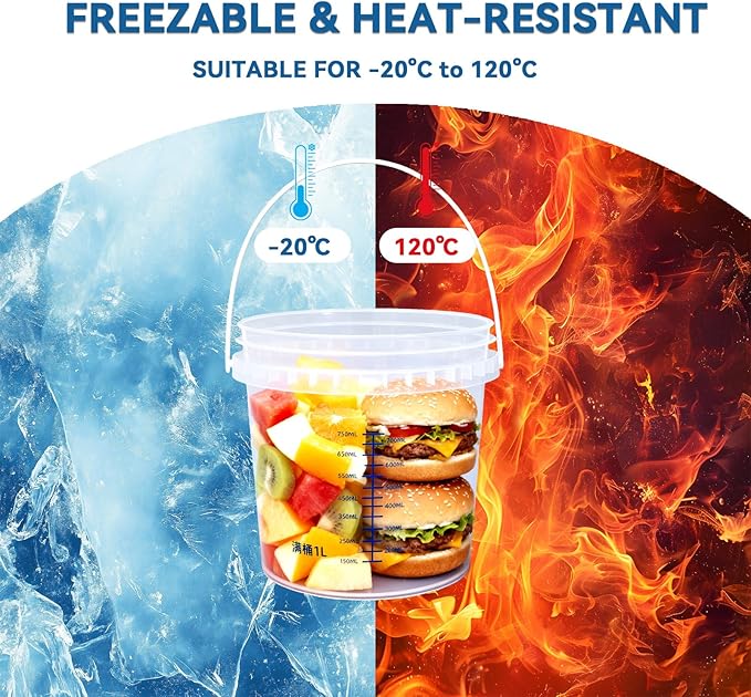 4 Pack 34 Clear Plastic Buckets with Secure Pressure Lids - Food Safe Storage Containers with Tear Strip & Blue Lines, Ideal for Food, Soup, Freezer Storage