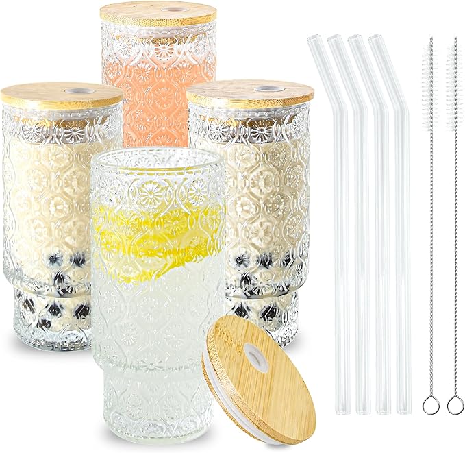 4 Pcs 16oz Drinking Glasses Cups Set with Bamboo Lids Straws Brush Begonia Vintage Glassware Set for Juice Iced Coffee Beer Cocktail Whiskey