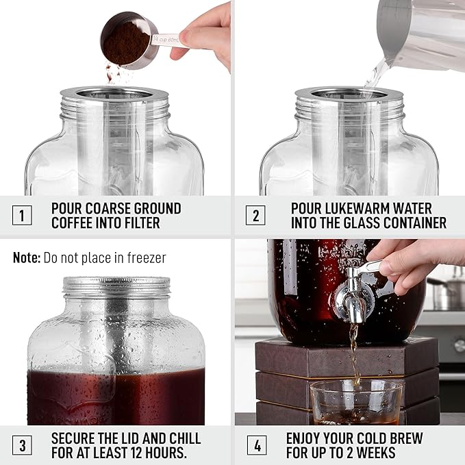 Zulay 1 Gallon Glass Drink Dispenser for Parties – with Spout Lid and Stainless Steel Filter – Leak-Resistant Beverage Dispenser for Events – Lemonade Iced & Sun Tea Infused Water & Juice Dispenser