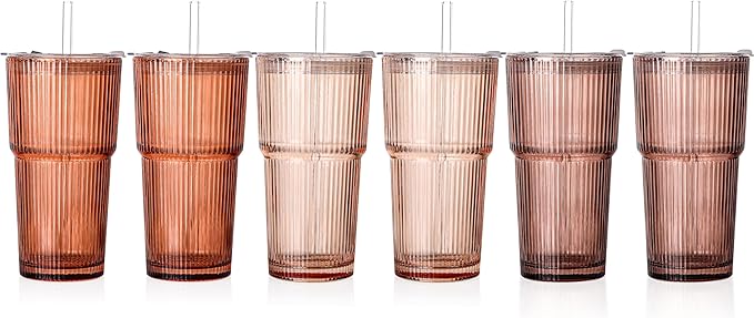 6PCS Venus Ribbed Glass Cups with Lids and Straws, 20oz Vintage Drinking Glasses, Aesthetic Iced Coffee Cups, Glass Tumbler for Boba, Beer, Tea, Cocktails, Brown Ribbed Glassware Set (Venus-6)