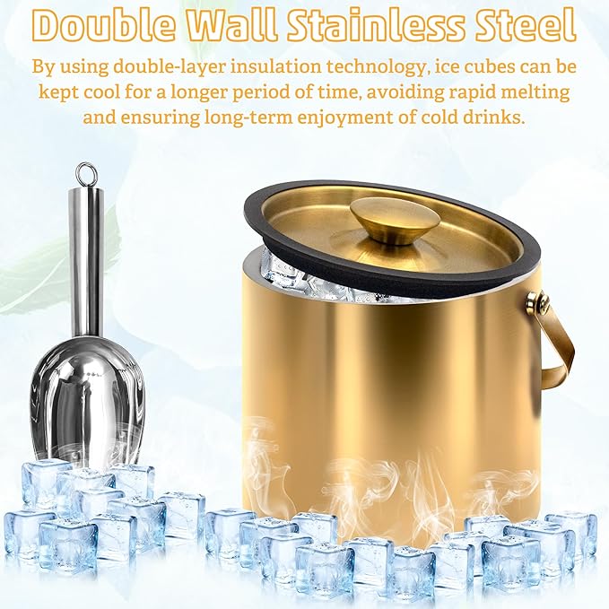 Gold Ice Bucket 3.2L – Double Wall Insulated Stainless Steel Ice Bucket with Lid, Scoop & Tongs – Large Champagne Bucket for Parties, Bar Cart, Outdoor Events, Cocktail & Wine Chilling