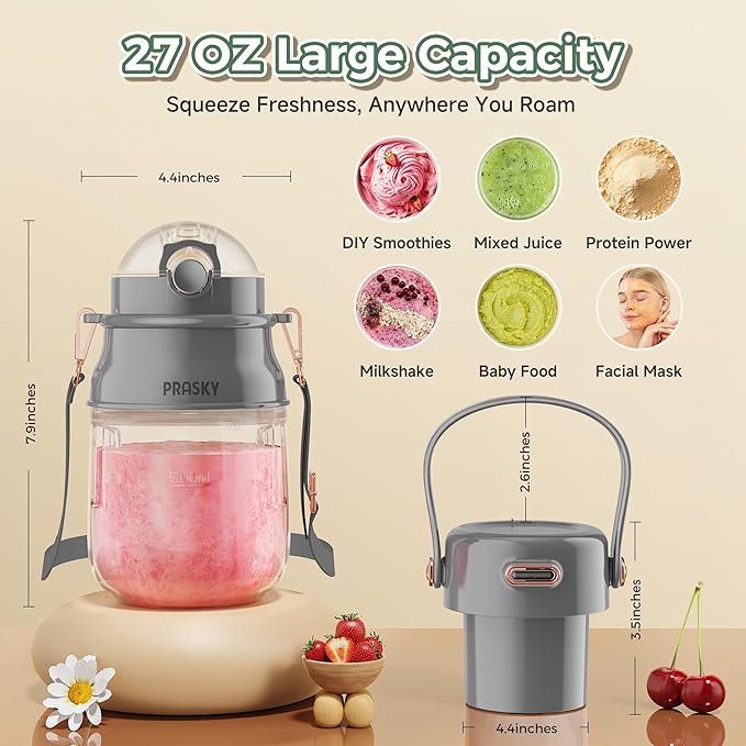 Portable Blender, Prasky Personal Blenders for Shakes and Smoothies with 33oz Cup, Lid and Shoulder Strap, Type-C USB Rechargeable, Personal Size Blenders BPA-free for Travel/Kitchen