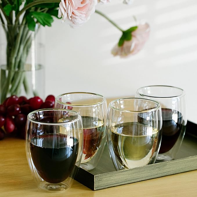 BTaT- Double Walled Stemless Wine Glasses, 12 oz, Set of 4, Smooth Rim Standard Wine Glass Tumbler for Hot & Cold Beverages, Gifts for Wedding, Christmas, Anniversary