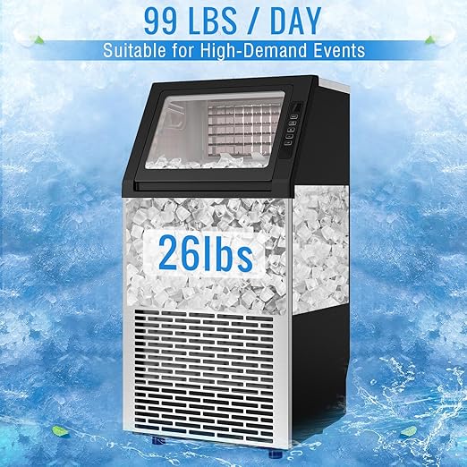 Freestanding Ice Maker Machine - 100 lbs/Day Under-Counter Stainless Steel Ice Maker with 26 lbs Storage, Self-Cleaning, Automatic Inlet Water Line for Clear Ice Cube & Chilled Water for Business