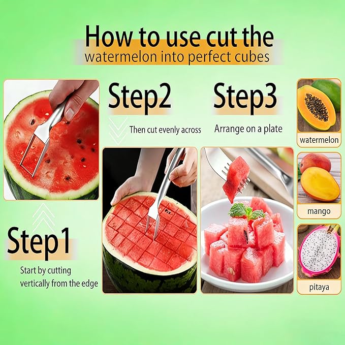 Watermelon Fork Slicer Cutter, 2PCS Stainless Steel 2-in-1 Watermelon Cutter, Portable Watermelon Fork Watermelon Cutter Slicer Tool Fruit Forks Slicer for Home Party Camping Kitchen Gadget