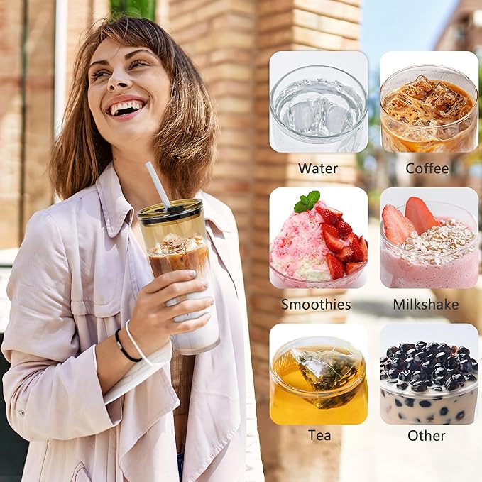 24oz 2 Pcs Glass Cups with Lids and Straws Drinking Glasses Tumbler Leak Proof Iced Coffee Cup Glass for Gift Cold Drink Smoothie Boba Tea(Amber*2)