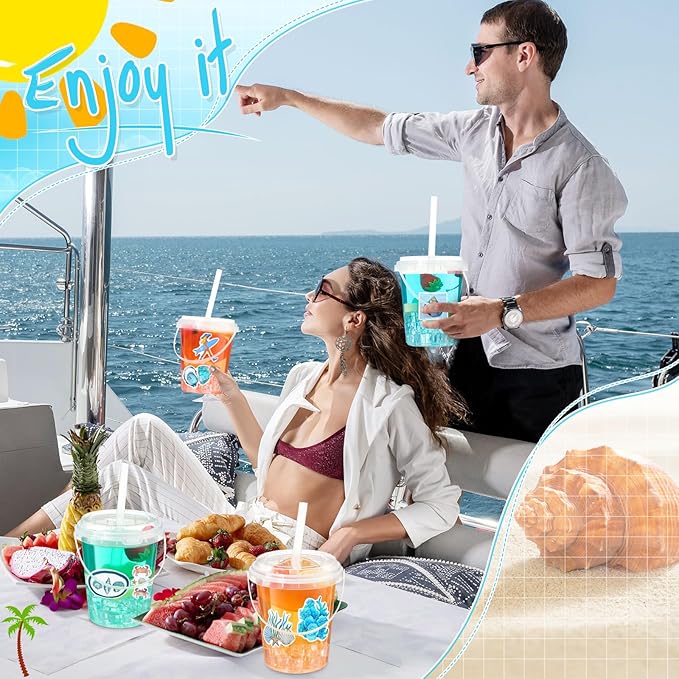 Funnymoom 30 Set Ocean Drink Buckets with Lids and Straws 34oz Large Clear Plastic Disposable Cups Bulk Rum Cocktail Pails with Handles & Stickers for Adult Summer Coastal Beach Pool Party Supplies