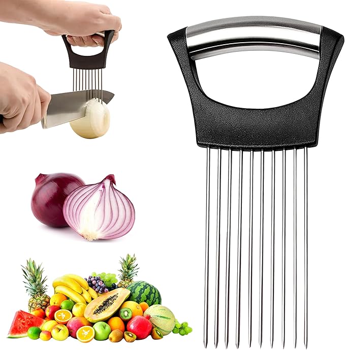 Onion Holder for Slicing – Stainless Steel Onion Slicer with Handle, Safe & Even Cuts, Time-Saving Vegetable Cutting Tool