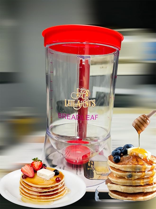 Leilanis Breadleaf Batter Dispenser for Pancakes, Waffles, Cookies, Cakes, Set 6 pcs Griddle BreakFast Kit Egg Rings and Oil Brush 4 Cup Capacity (Red)