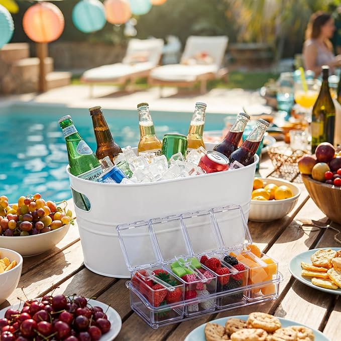 2 Pcs 4 Gallon Galvanized Metal Ice Buckets Large Metal Drink Bucket 2 Pcs Condiment Caddy Clear 4 Compartment with Lid and Spoon for Summer Birthday Party Dinner Wedding Mimosa Bar(White)