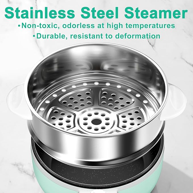 Dezin Hot Pot Electric with Steamer Upgraded, Non-Stick Sauté Pan, Rapid Noodles Electric Pot, 1.5L Mini Pot for Steak, Egg, Fried Rice, Ramen, Oatmeal, Soup with Power Adjustment