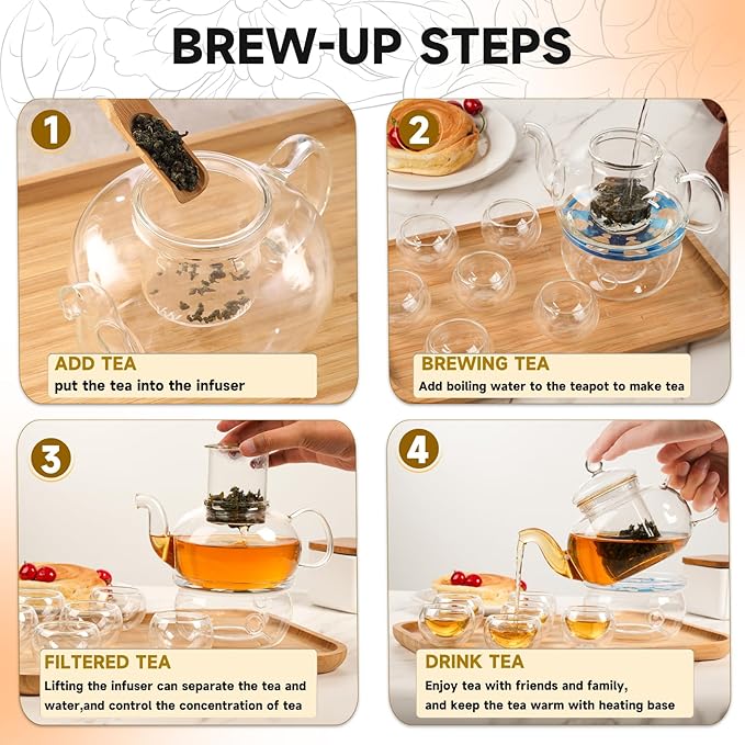 Glass Teapot Set, 27OZ/800ML Stovetop Safe Glass Tea Kettle with 6 Small Double Wall Tea Cups & Loose Tea Infuser & Tea Warmer, Microwave & Dishwasher Safe Tea Maker, Blooming Tea Gift Set