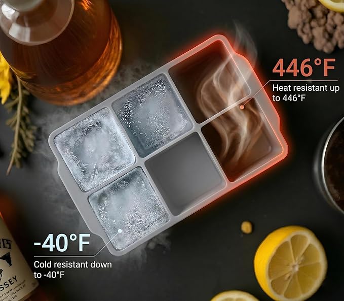 KitchFort Large Silicone Ice Cube Tray (2-Pack), Easy Release 2" Big Ice Cubes - Cocktail, Whiskey Ice Cubes Mold - Ice Trays for Freezer with Lid - Stackable Silicone Ice Tray - Gray