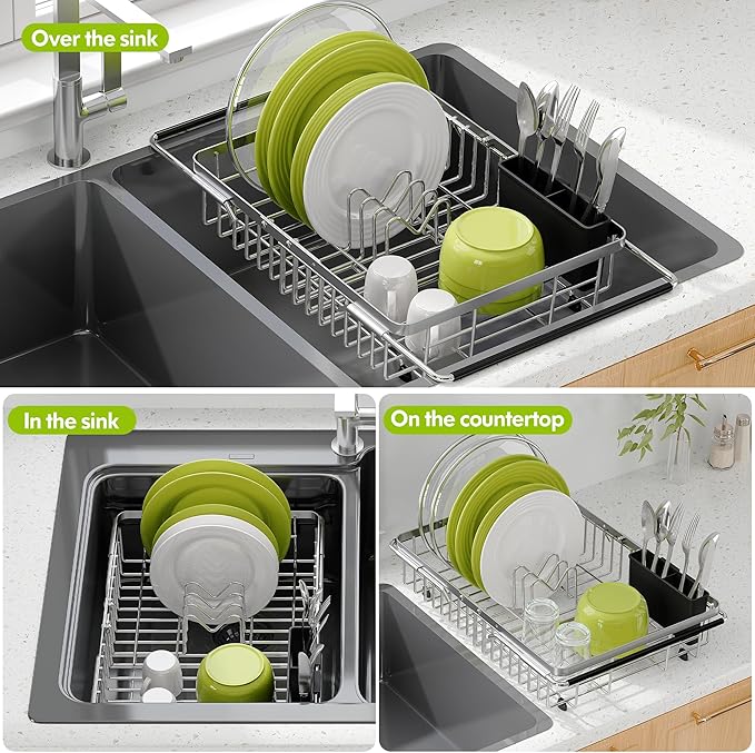 Expandable Stainless Steel Dish Drying Rack Over The Sink For Small Kitchen, Counter Space Saving Compact Metal Plate Drainer Strainer, Adjustable Hanging Inside Sink Rust Proof Wire Dryer Holder