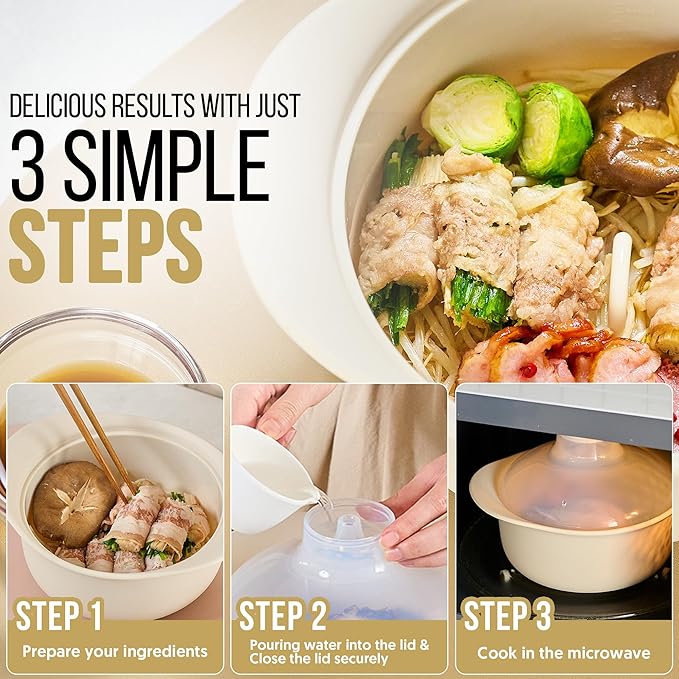 48oz Platinum Silicone 3 Compartmented Microwave Steamer Pot with Handle & Lid - Korean 100% Food-Grade Steamer Bowl, Heat-Resistant Cooker with Steam Holes, Easy Clean, Dishwasher Safe, Ivory