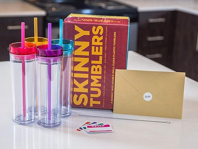 SKINNY TUMBLERS 4 Colored Acrylic Tumblers with Lids and Straws | Skinny, 16oz Double Wall Clear Plastic Tumblers With FREE Straw Cleaner & Name Tags! (Multicolor, 4)