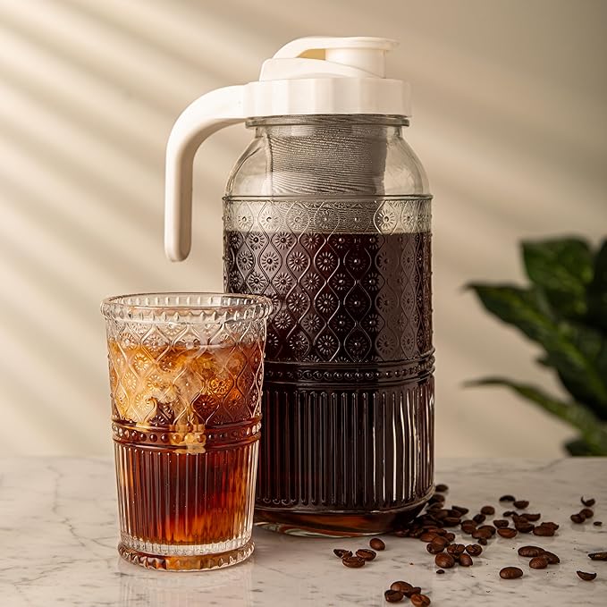Godinger Cold Brew Coffee Maker 64 oz – Airtight Glass Mason Jar Pitcher Brewer with Leak-Proof Lid & Handle, Wide Mouth Iced Coffee Maker, Vintage Kitchen Decor