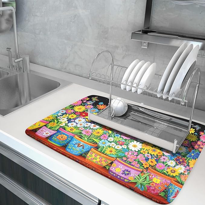 Vintage Flowers Dish Drying Mats Spring Floral Drying Matt Kitchen Counter 18x24