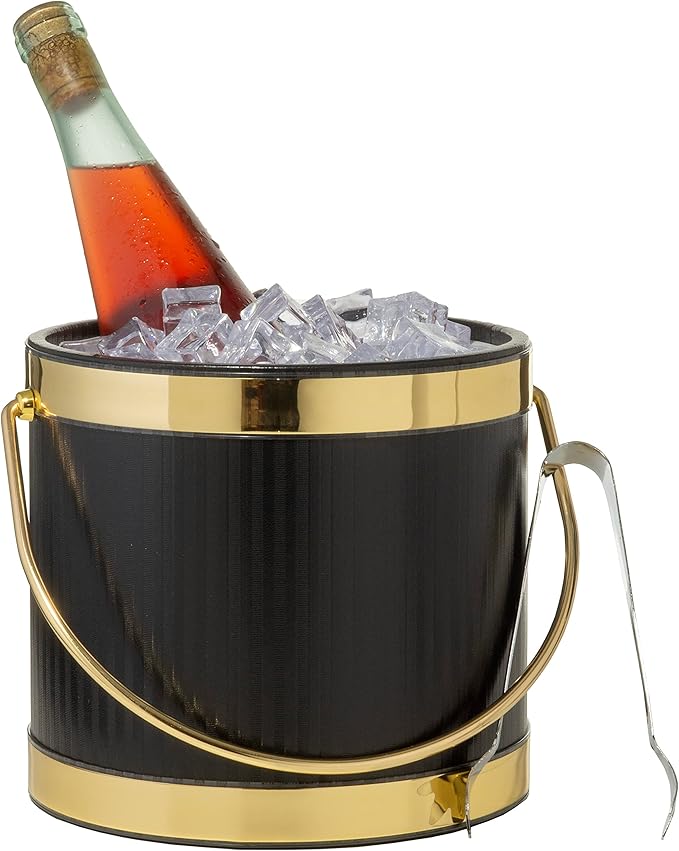 Made In USA Metallic Deco Collection Double Walled Insulated Ice Bucket With Ice Tongs (3-Quart, Black & Gold)