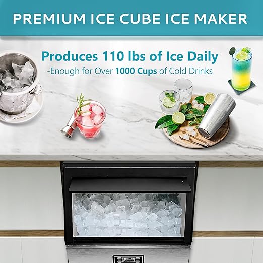 EUHOMY Commercial Ice Maker Machine - 110lbs Daily Production, 33lbs Ice Storage, Stainless Steel Freestanding & Under Counter Ice Maker, Ideal Ice Maker for Home/Bar/Restaurant/Outdoor Activities