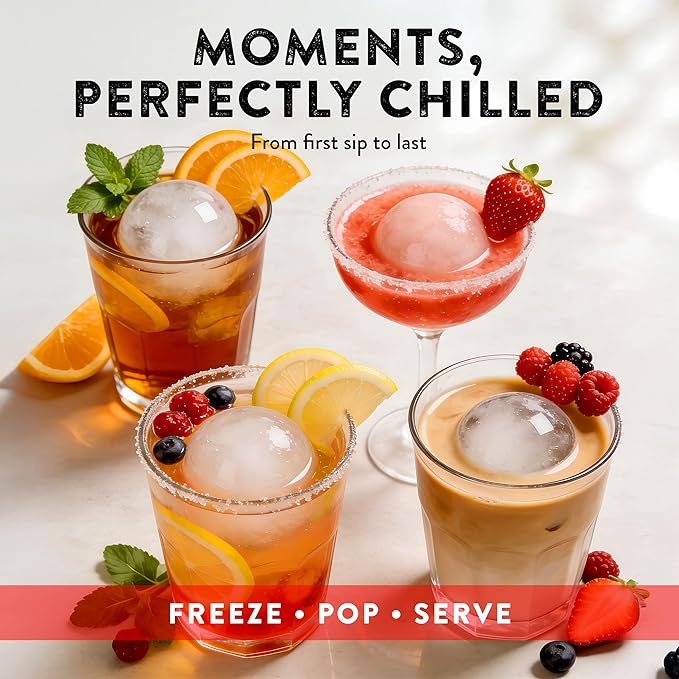 Silicone Ice Ball Freezer Tray with Lid – 4 Large Ice Spheres, One-Piece Funnel Design, Flexible Silicone Ice Mold for Cocktails, Whiskey, Iced Coffee & Everyday Drinks, BPA Free