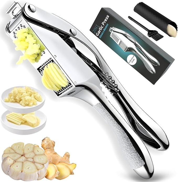 Garlic Press Stainless Steel, Heavy Duty Garlic Crusher & Mincer, Easy Squeeze Ergonomic Handle, Dishwasher Safe, Includes Peeler & Brush, 3-in-1 Set