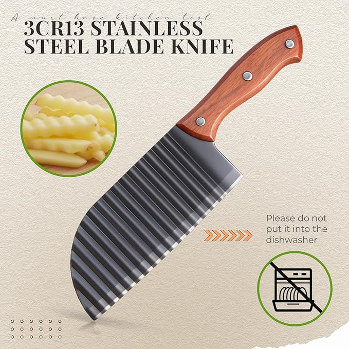 Patelai 2 Pcs Crinkle Cutter Set for Potato Vegetable French Fry, Stainless Steel Blade Wavy Slicer, Wavy Crinkle Cutting Tool Salad Chopping Knife Soap Fruit French Fry Slicer (Wooden Handle,Rufous)