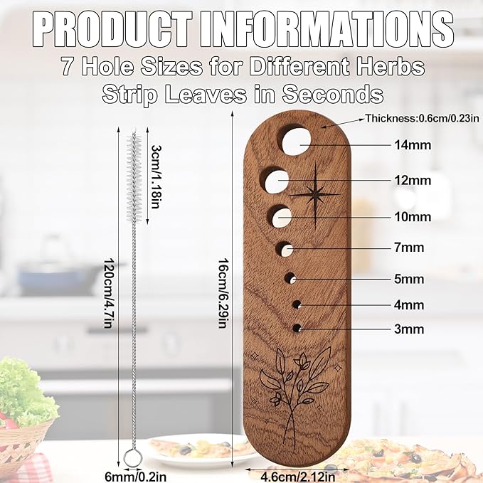 LemonRoad 2 Pcs Wooden Vegetable Leaf Separator Herb Stripper Tool Supplies with Cleaning Brush Wood Leaf Peeler Tool 7 Hole Sizes Fun Kitchen Gadget Herb Stripper Bowl Gifts for Home Cooks Chefs