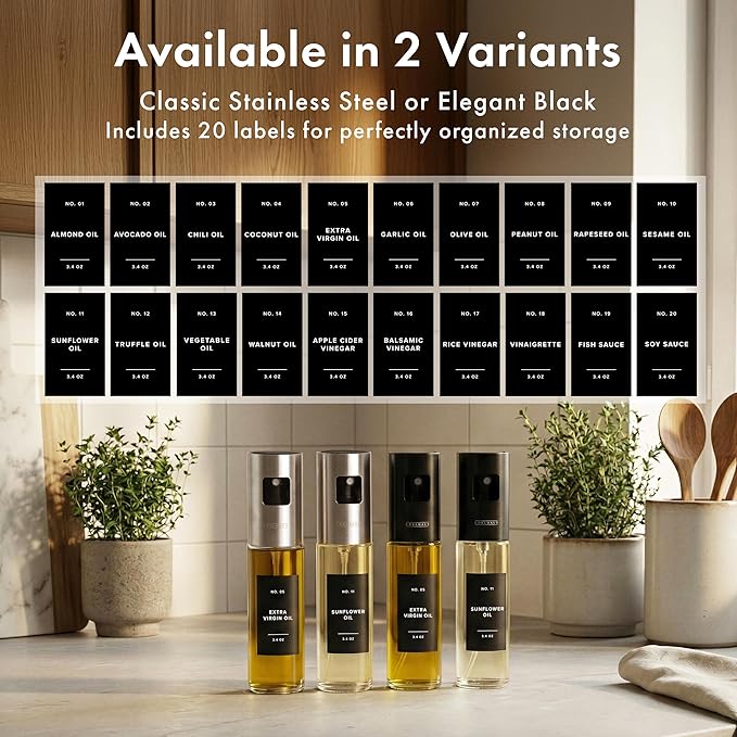 EDELHAUS Oil Sprayer Set of 2 – Oil Spray Bottle Made of Stainless Steel & Glass, for Healthy Cooking, Sprayer for Precise Dosage, for Cooking Oil & Vinegar Including 20 Labels, Funnel