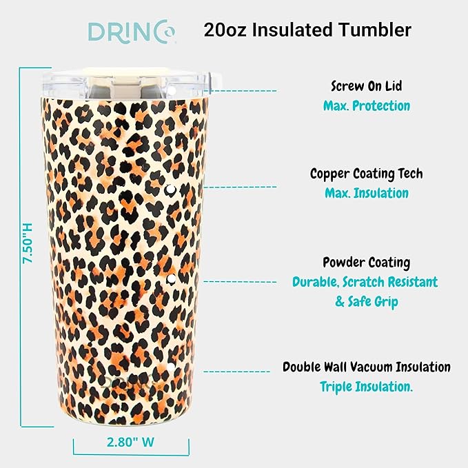 Drinco - 20 oz Stainless Steel Tumbler | Double Walled Vacuum Insulated Mug With Lid, 2 Straws, For Hot & Cold Drinks (20oz Leopard)