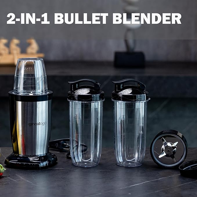 Compact Personal Blender for Smoothies & Shakes, 2-in-1 Bullet Blender and Grinder with 11-Piece Set, 2×24oz To-Go Cups + 10oz Grinding Cup, Ice Crushing, BPA-Free, Dishwasher Safe,Ideal Gift