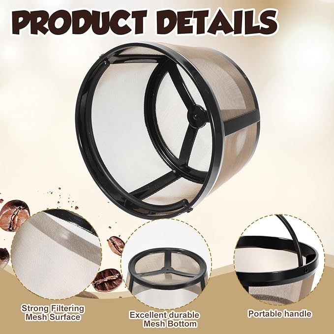 2Pcs Reusable Coffee Filter Basket, Gold Mesh Coffee Filter with Handle for Mr. Coffee, Black+Decker, and Most 4-5 Cup Basket-Style Brewers