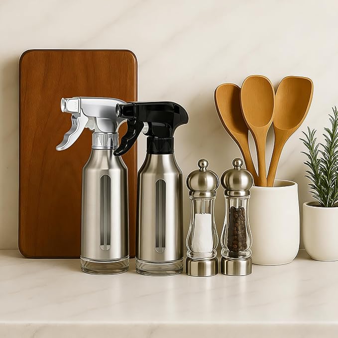 Oil Sprayer for Cooking 180ml, Olive Oil Mister with Fine Mist Trigger, Stainless Steel Refillable Glass Dispenser Bottle 6.35oz for Air Fryer BBQ Salad & Baking (Silver Gray+Stainless Steel)