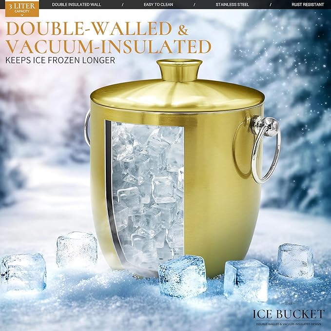 Ice Buckets for Parties with Lid,Tongs and Strainer (3L/Gold) Double Wall Stainless Steel Ice Bucket Keeps Frozen Longer,Ideal Perfect for Parties, Cocktail bar, Chilling Wine, Champagne