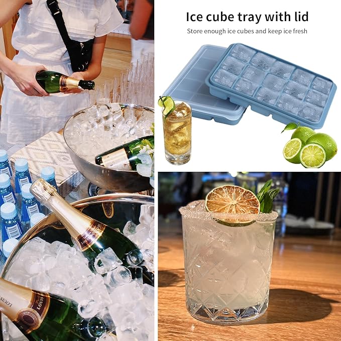 Ice Cube Trays Set of 3, Easy Release 15 Flexible Silicone Ice Cube Molds with Removable Lid Reusable Freezer Ice Trays Stackable for Whiskey, Blue*3