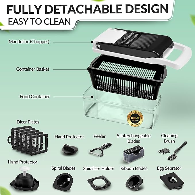 Multifunctional Vegetable Chopper with Container - 12 in-1 Adjustable 8-Blade Fruit & Veggie Chopper with Mandoline Slicer & Dicer | Kitchen Gadgets Food Cutter for Potato, Tomato & Onion (White)