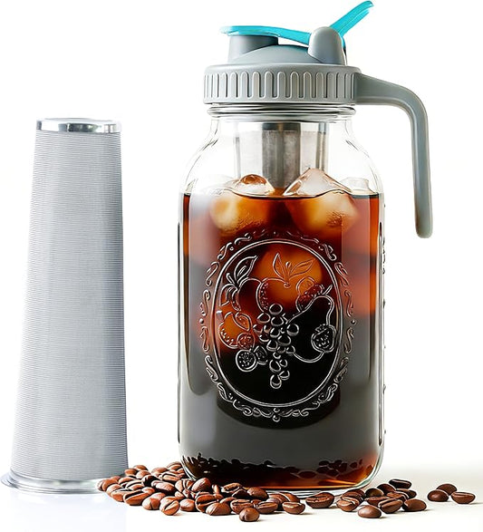 Mason Jar Cold Brew Coffee Maker 64 OZ ( 2 Quart ) Wide Mouth Cold Brew Pitcher With Stainless Steel Fine Mesh Filter Airtight & Leakproof Mason Jar Pitche For Coffee, Iced Tea, Sun Tea, Lemonade