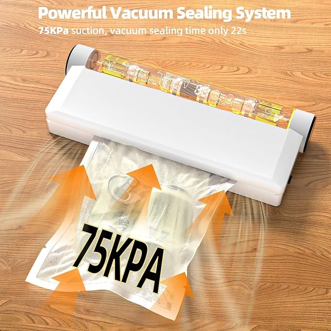 Compact Food Vacuum Sealer Machine - 75KPA Suction Power, LED Digital Timer Display, Dry and Moist Food Modes, Space-Saving Kitchen Gadget for Storage and Sous Vide Prep, Includes 20 Bags (White)