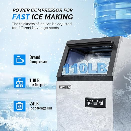 ROVSUN Commercial Ice Maker Machine 110LBS/24H with 2 Water Inlets, Freestanding Ice Machine with 24lbs Storage Bin, Ice Scoop & Water Filter for Home Office Restaurant Bar Cafe