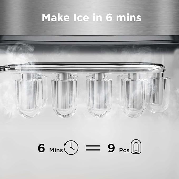 Silonn Countertop Ice Maker Machine, 9 Ice Cubes Ready in 6 Mins, 26 lbs/24 Hrs Portable Ice Maker with Basket & Scoop, 2 Ice Sizes, Self-Cleaning Compact Ice Machine for Home, Party, Office