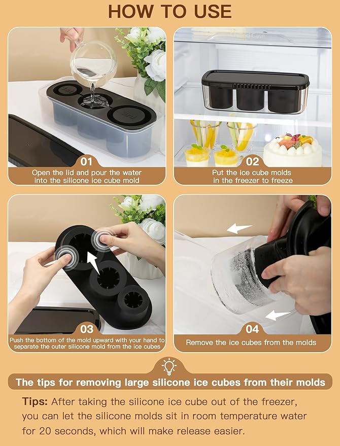 Ice Cube Tray for Tumbler Cup 30Oz-40Oz, 3 Pcs Silicone Cylinder Ice Mold with Lid and Bin for Freezer, Easy Fill and Release Ice Maker for Whiskey, Cocktail BPA-Free (Black, 40Oz-Type1)